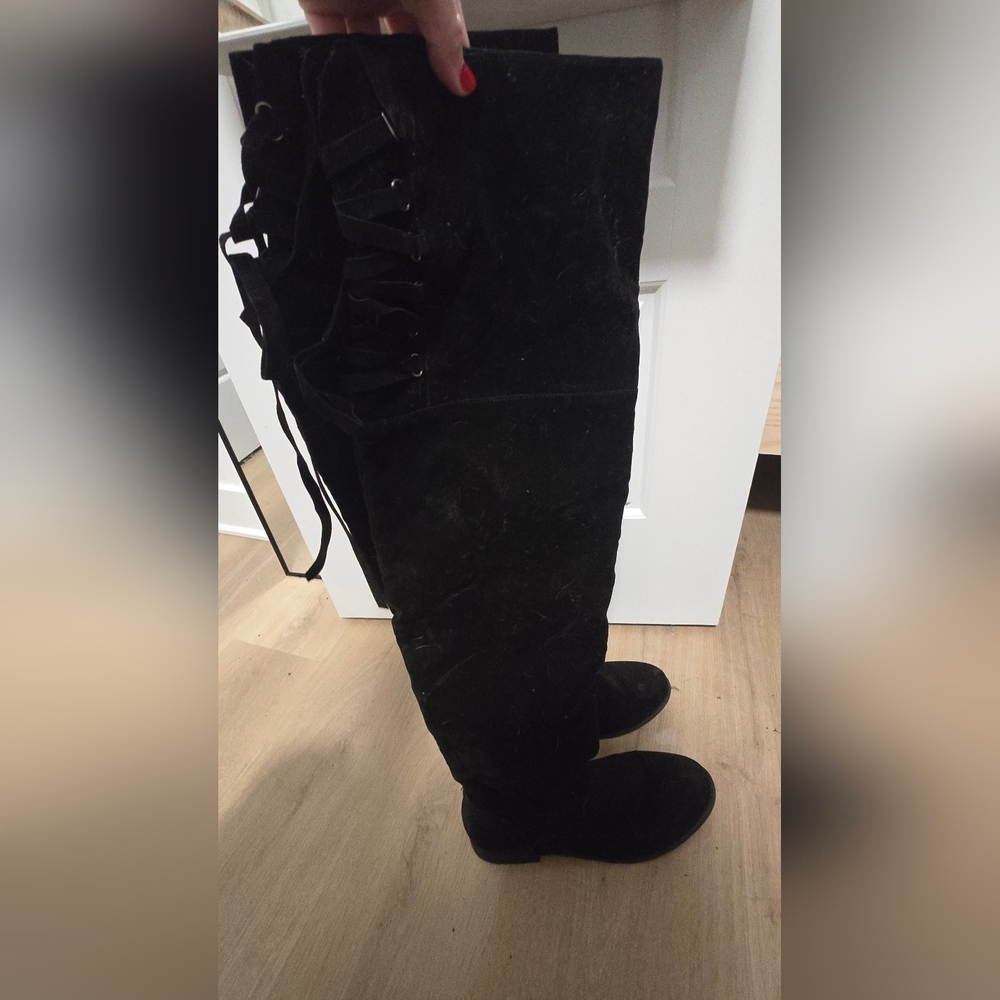 Black Sued Over-the-Knee Boots With Lace Back. Worn Once Size 10 SOLD - Picture 1 of 5